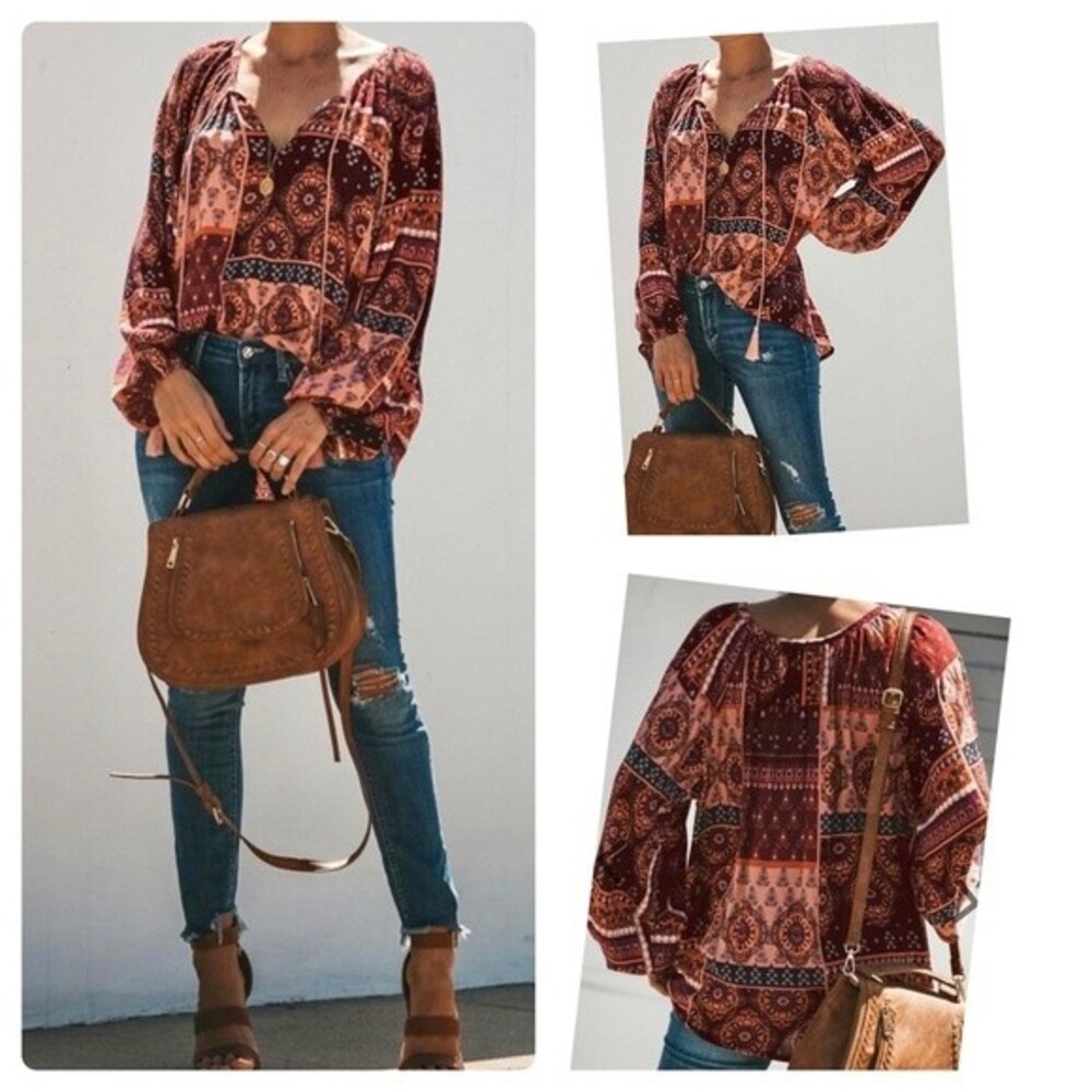 Vici boho vneck peasant top with tassels size small